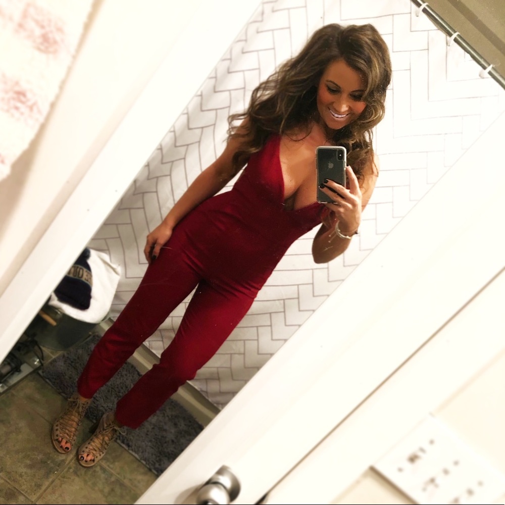 Plunge, Open Back Tie Red Jumpsuit